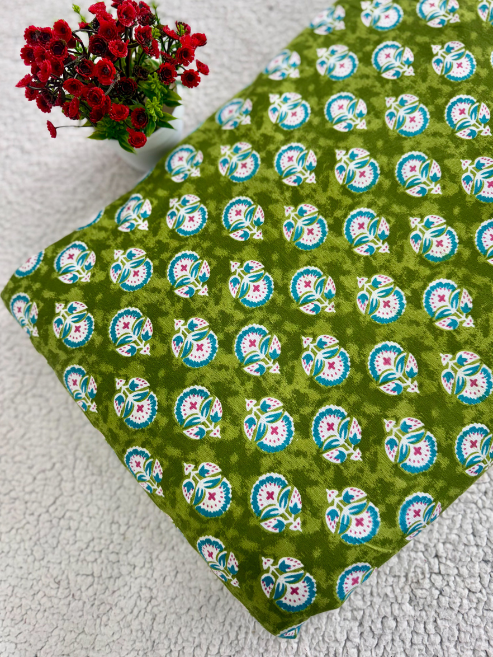 Greenish Screen-Printed Cotton Fabric – 787ATH-23