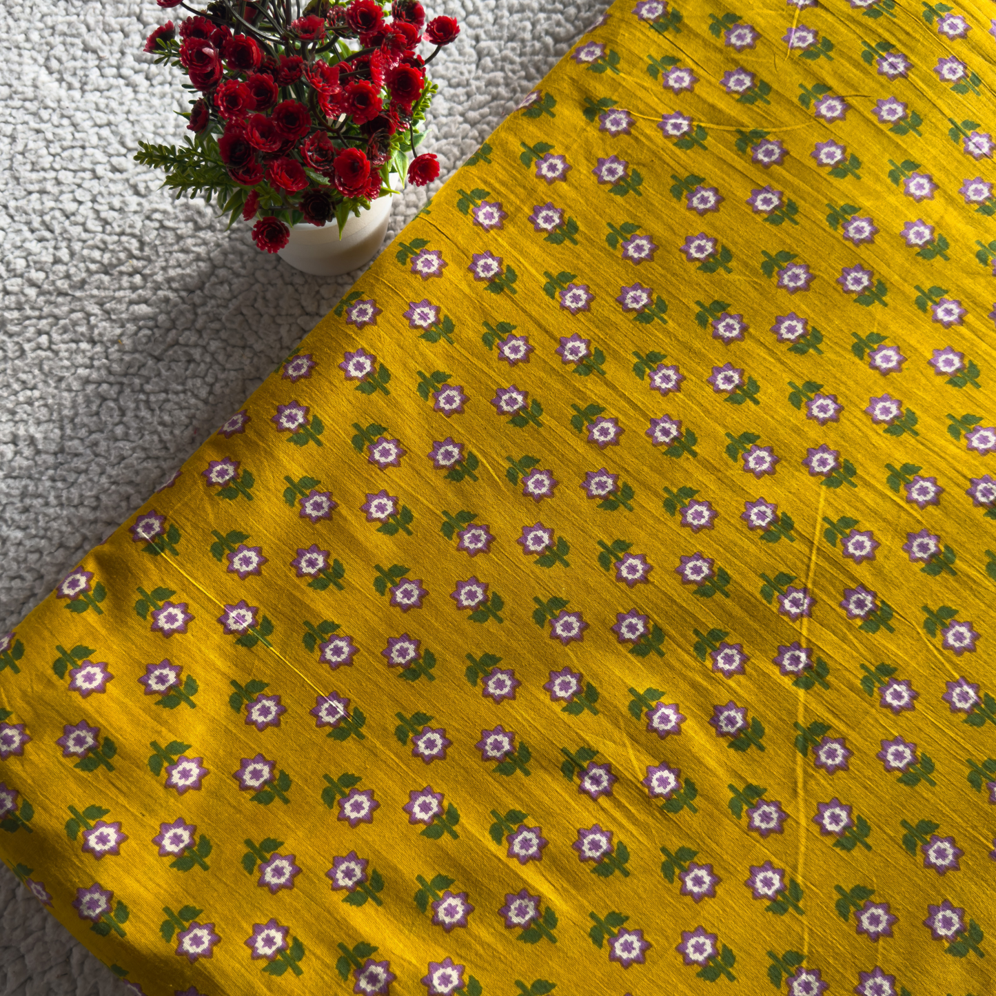 Yellow Cotton Fabric with Green & Dark Violet Print – Soft