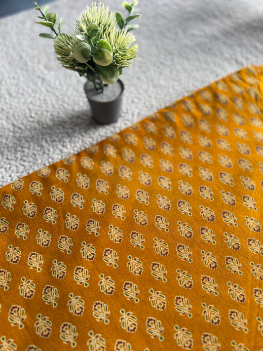 Dark Yellow Ajrakh Printed Cotton Fabric β Small Motifs | Lightweight & Easy to Sew