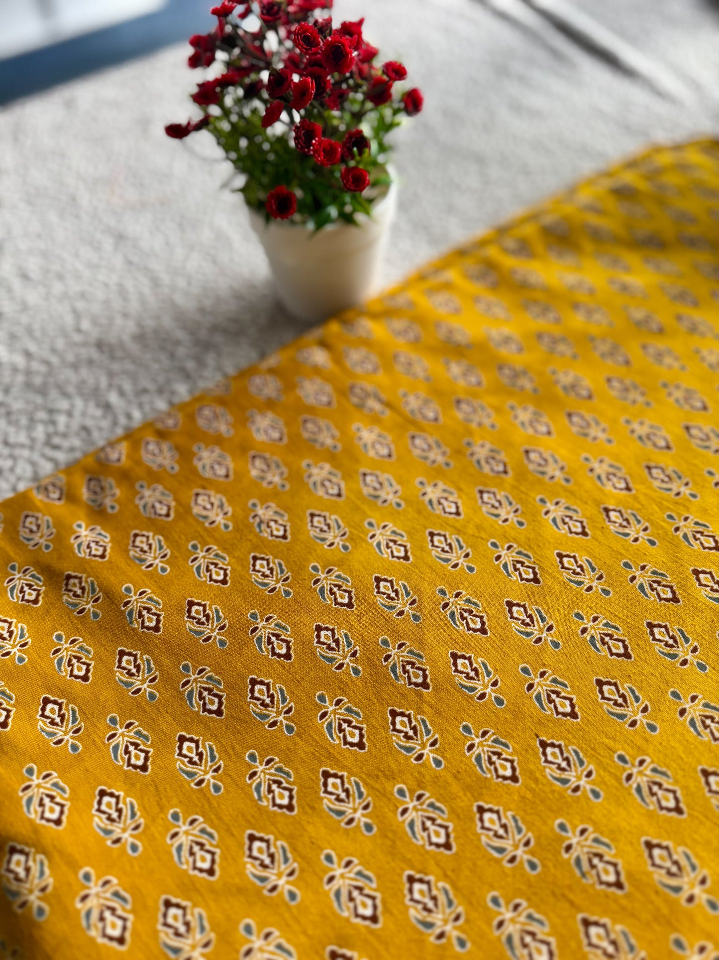 Yellow Ajrak Cotton Fabric with – Coffee Brown, Green & Cream Mix