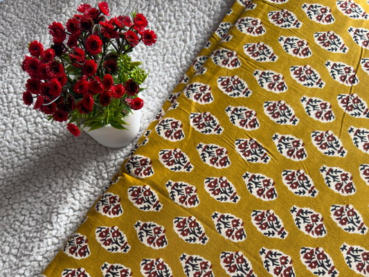 Yellow Jaipur Cotton with Maroon Print β Lightweight & Skin-Friendly