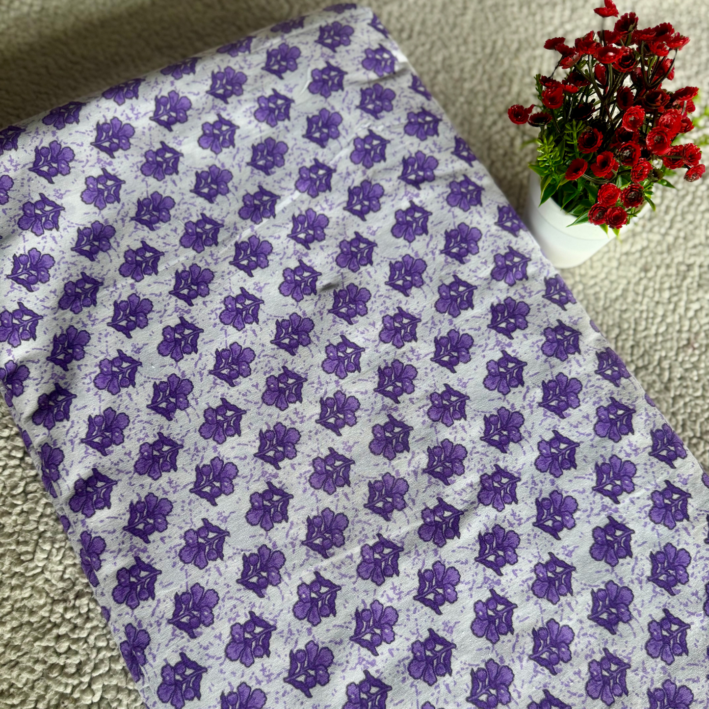 Small Purple Floral Screen Printed Cotton Fabric – Soft & Breathable