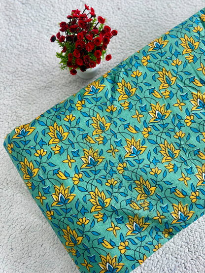 Green-Yellow Floral Print Cotton Fabric – 787ATH-6