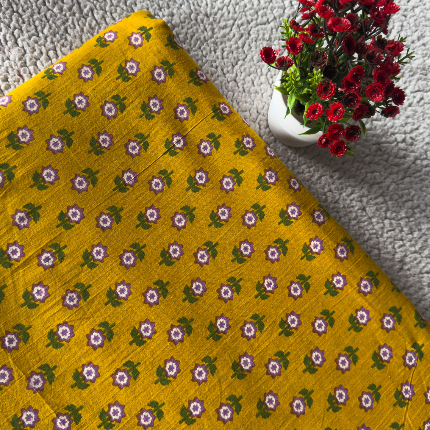 Yellow Cotton Fabric with Green & Dark Violet Print – Soft