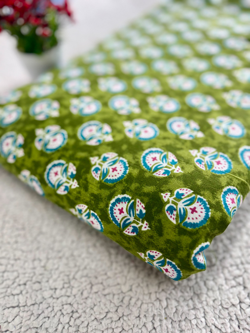 Greenish Screen-Printed Cotton Fabric – 787ATH-23
