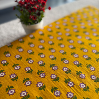 Yellow Cotton Fabric with Green & Dark Violet Print – Soft