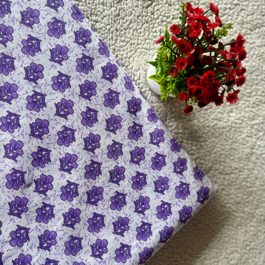 Small Purple Floral Screen Printed Cotton Fabric – Soft & Breathable