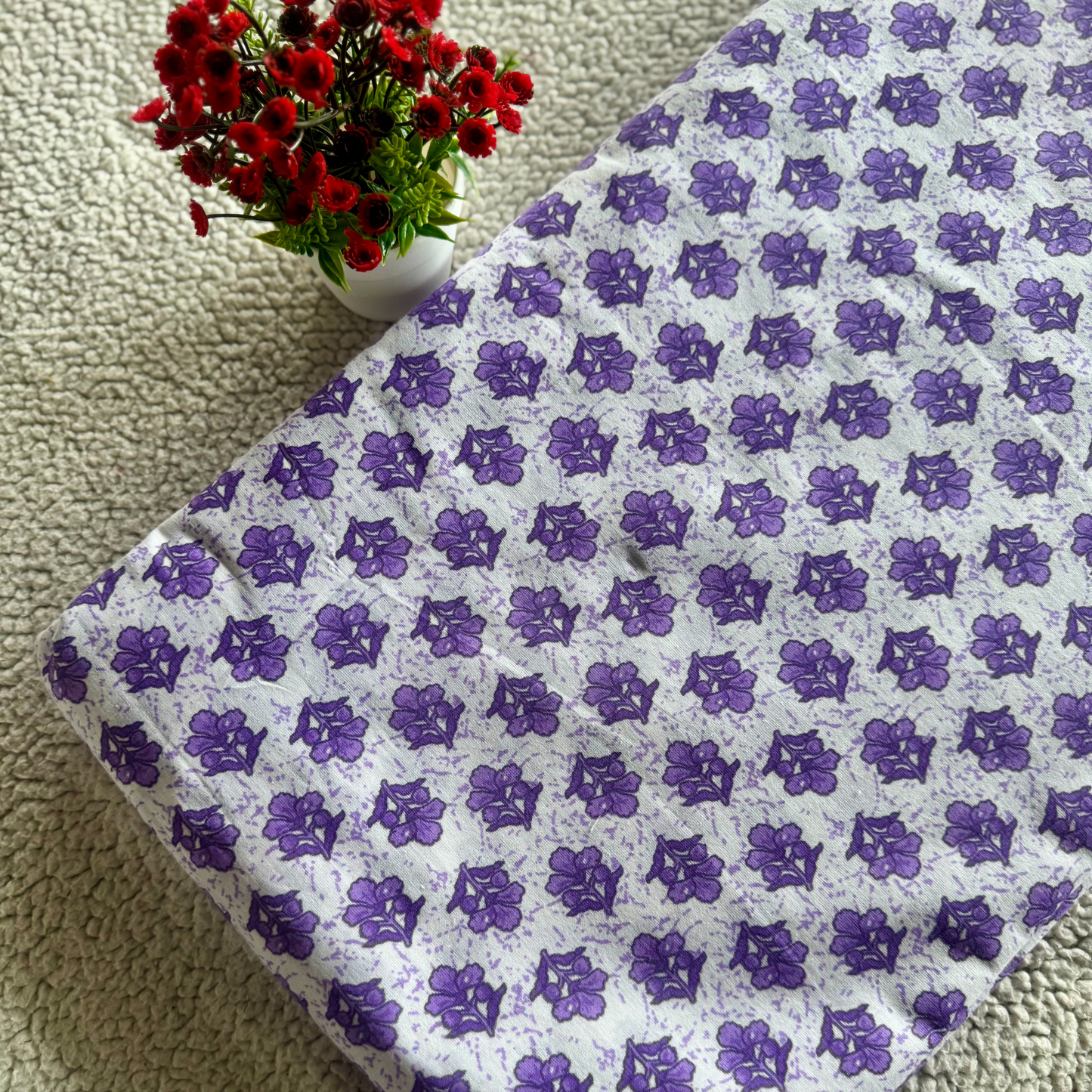 Small Purple Floral Screen Printed Cotton Fabric – Soft & Breathable