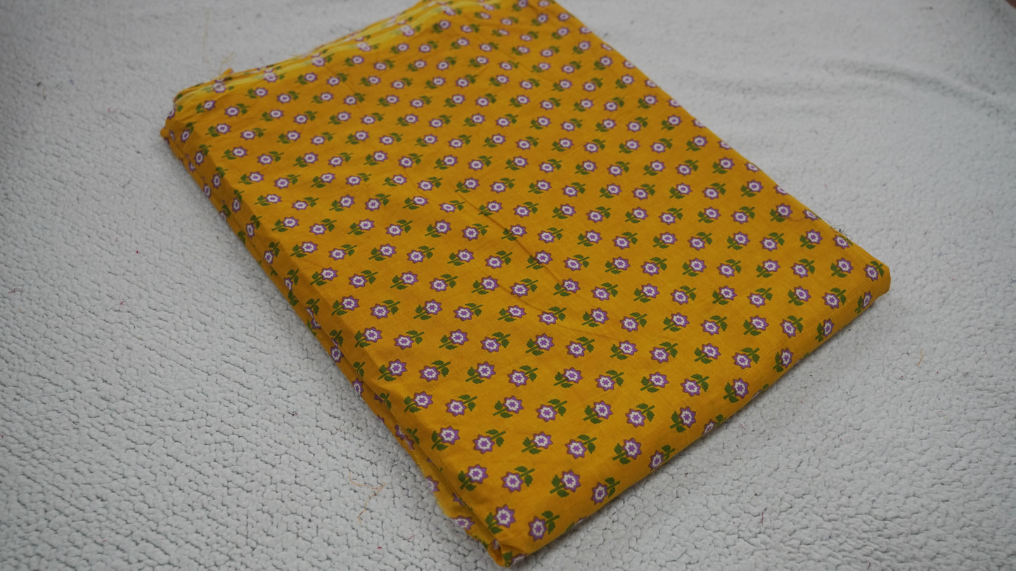 Yellow Cotton Fabric with Green & Dark Violet Print – Soft
