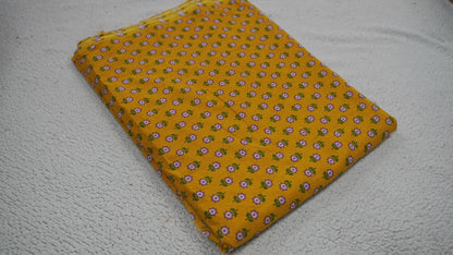 Yellow Cotton Fabric with Green & Dark Violet Print – Soft