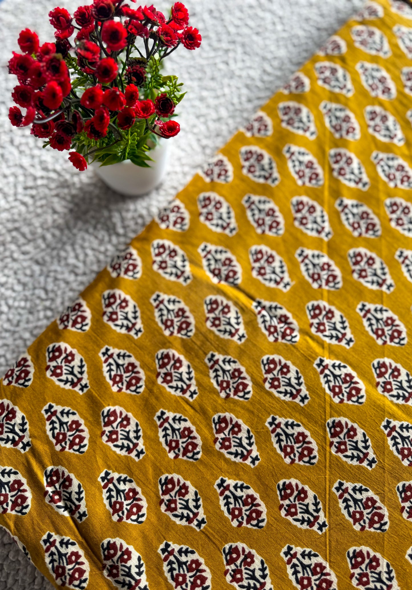 Yellow Jaipur Cotton with Maroon Print – Lightweight & Skin-Friendly