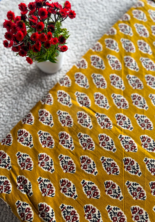 Yellow Jaipur Cotton with Maroon Print – Lightweight & Skin-Friendly