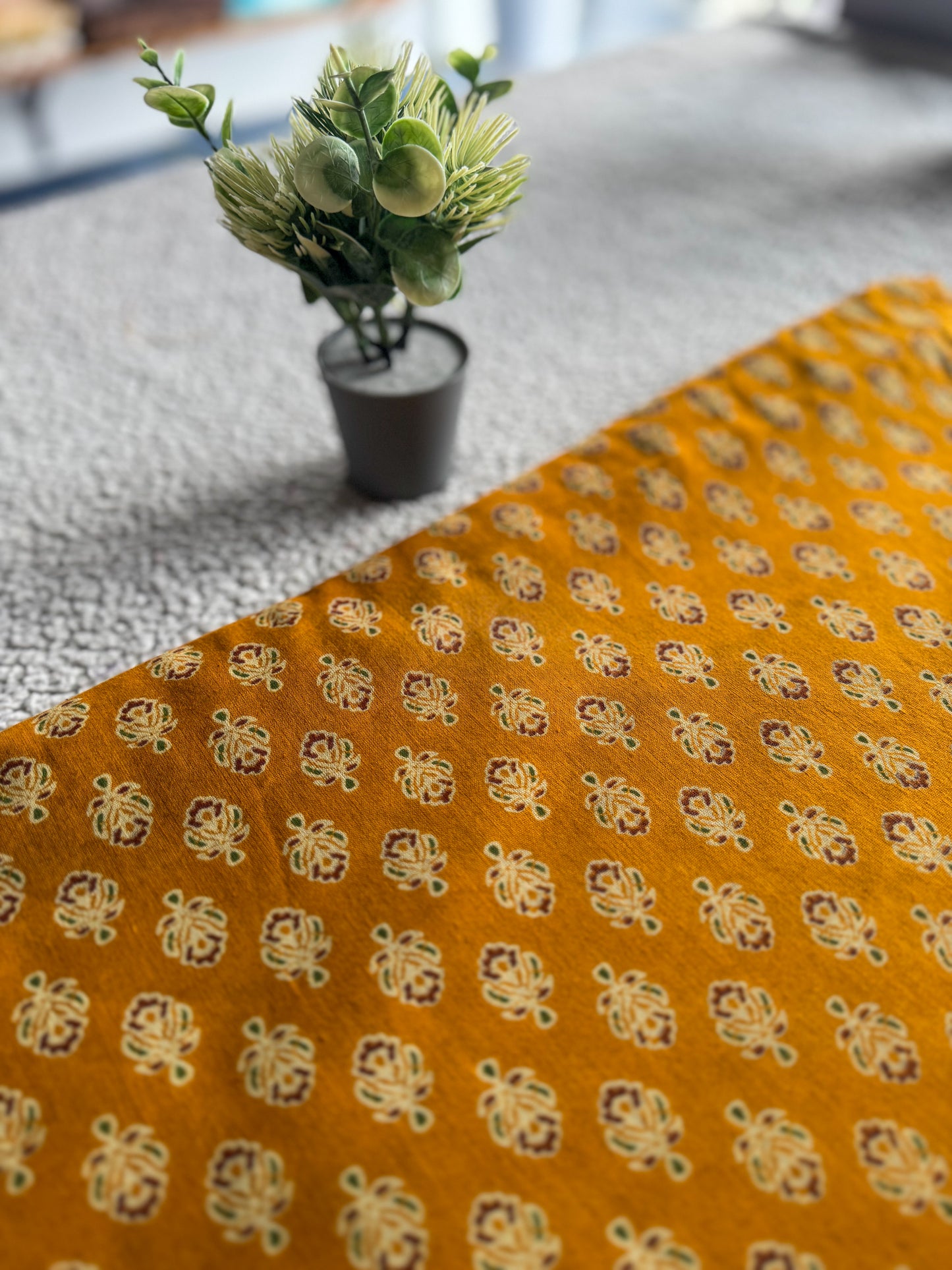 Dark Yellow Ajrakh Printed Cotton Fabric – Small Motifs | Lightweight & Easy to Sew