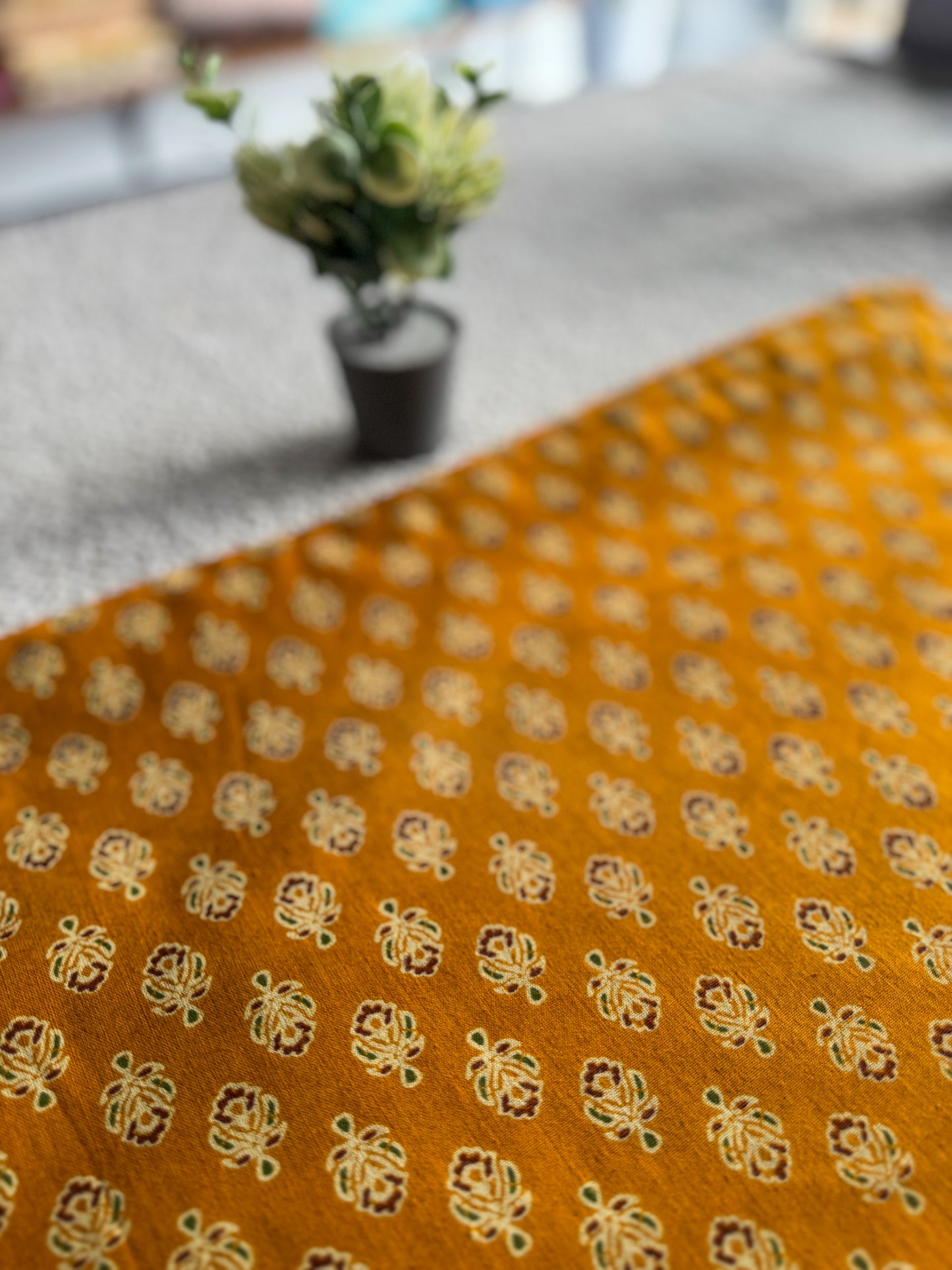 Dark Yellow Ajrakh Printed Cotton Fabric – Small Motifs | Lightweight & Easy to Sew