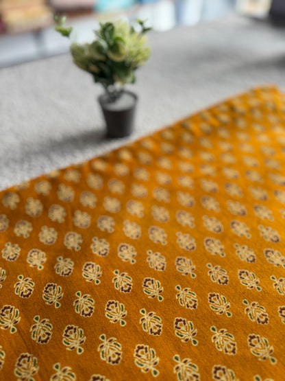 Dark Yellow Ajrakh Printed Cotton Fabric – Small Motifs | Lightweight & Easy to Sew