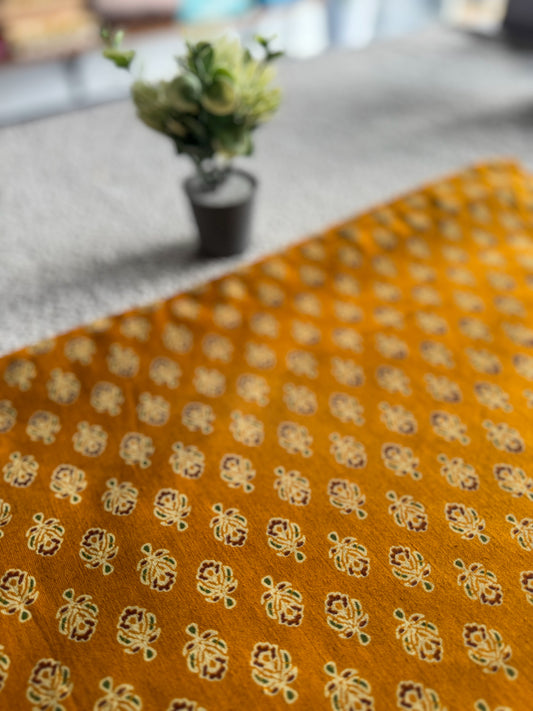 Dark Yellow Ajrakh Printed Cotton Fabric – Small Motifs | Lightweight & Easy to Sew