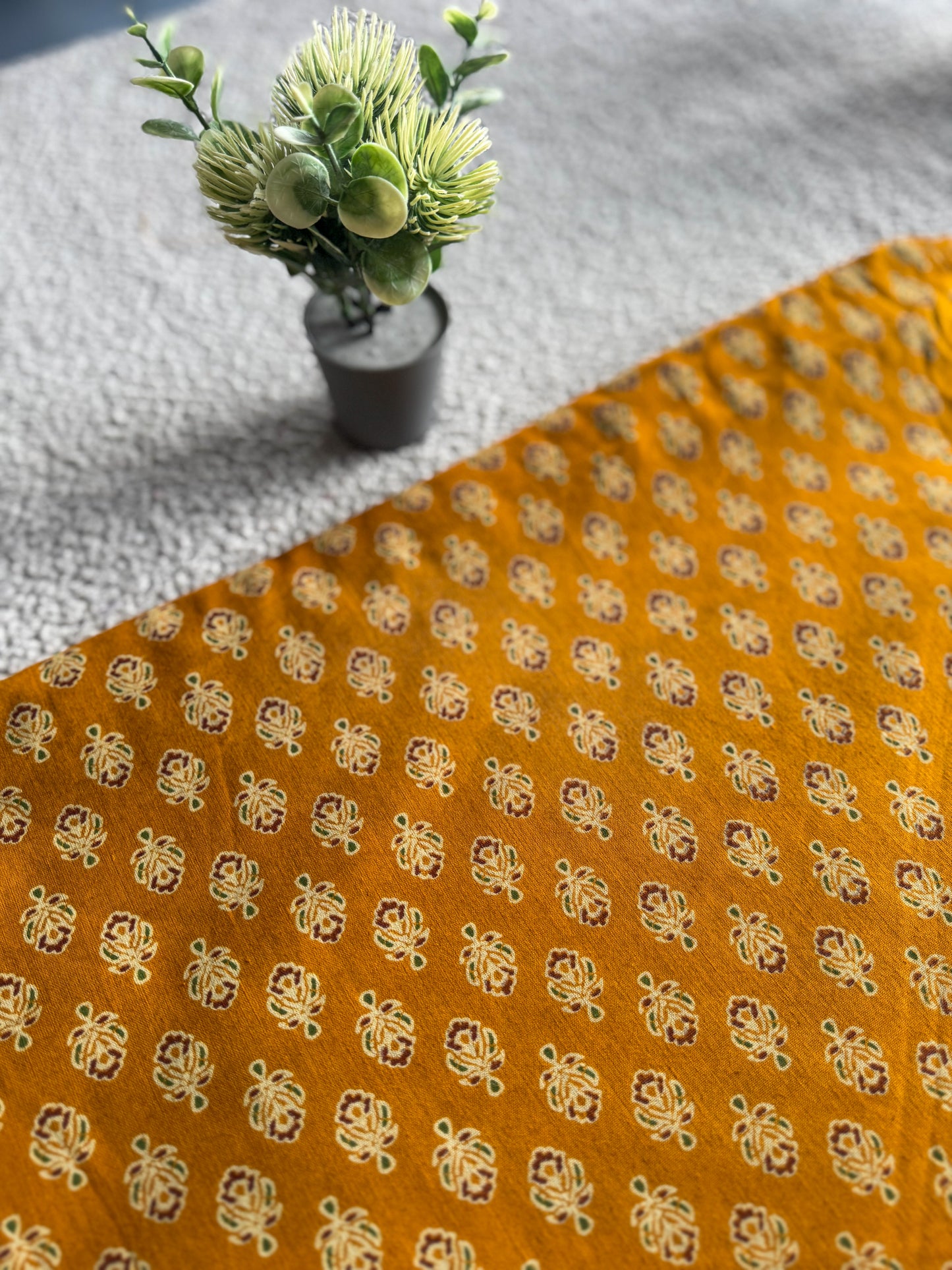 Dark Yellow Ajrakh Printed Cotton Fabric – Small Motifs | Lightweight & Easy to Sew