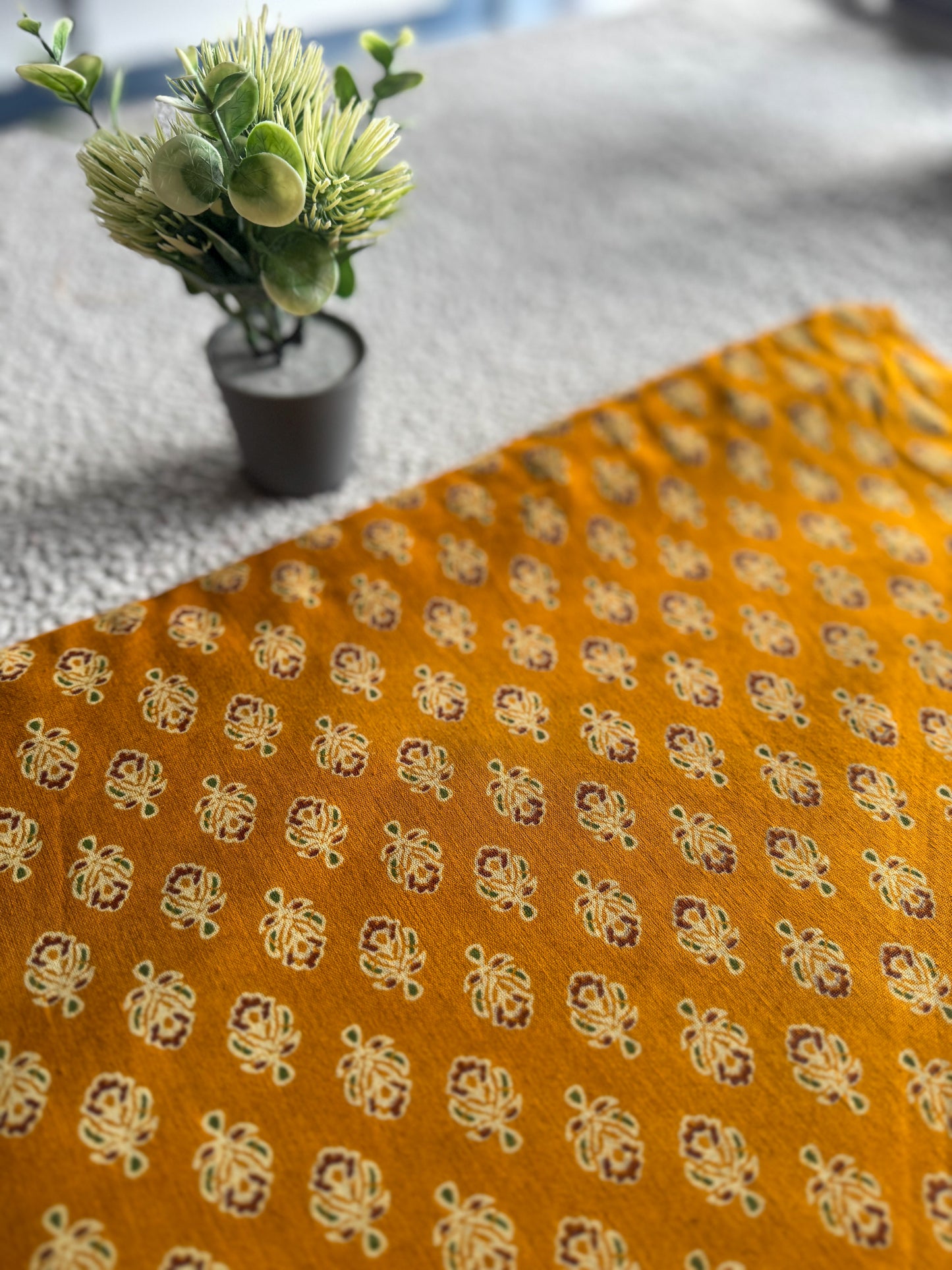 Dark Yellow Ajrakh Printed Cotton Fabric – Small Motifs | Lightweight & Easy to Sew