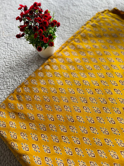Yellow Ajrak Cotton Fabric with  – Coffee Brown, Green & Cream Mix