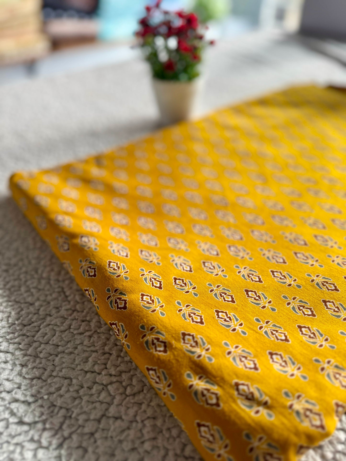 Yellow Ajrak Cotton Fabric with  – Coffee Brown, Green & Cream Mix