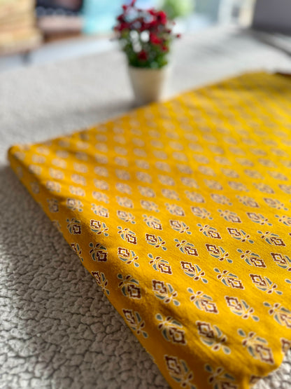 Yellow Ajrak Cotton Fabric with  – Coffee Brown, Green & Cream Mix