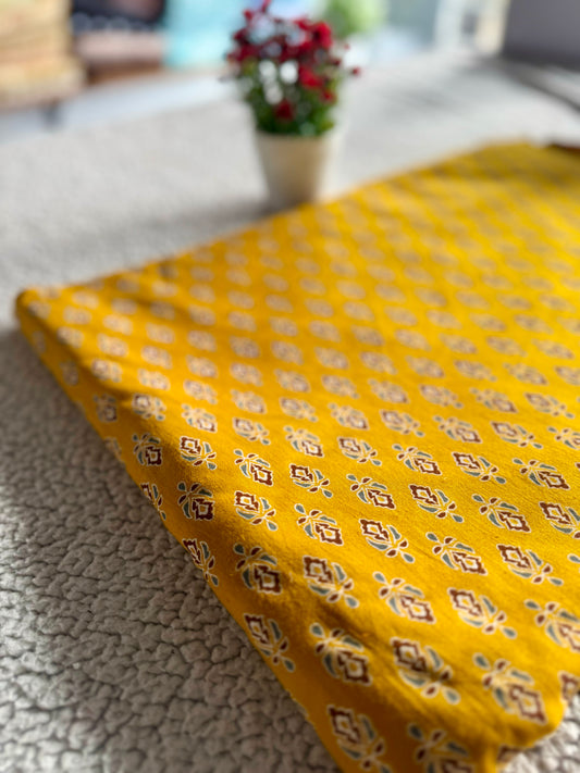 Yellow Ajrak Cotton Fabric with  – Coffee Brown, Green & Cream Mix