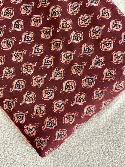 Dark Coffee Brown Cotton Fabric with Screen Print – Soft & Lightweight