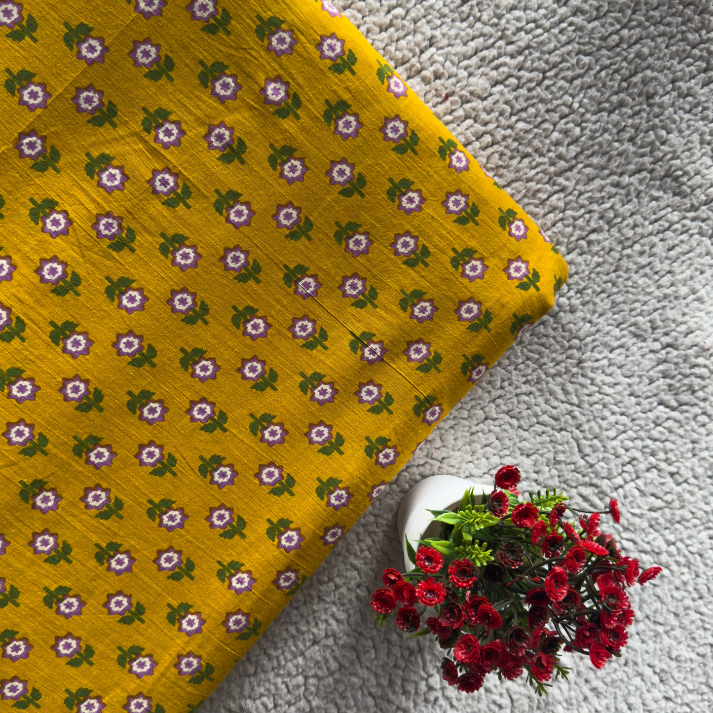 Yellow Cotton Fabric with Green & Dark Violet Print – Soft