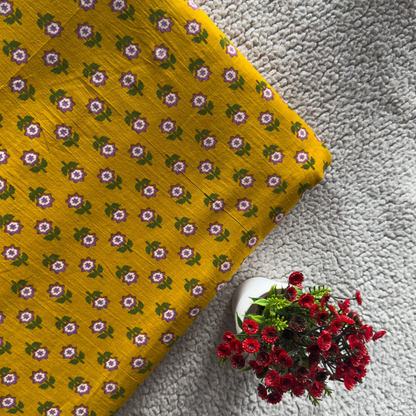 Yellow Cotton Fabric with Green & Dark Violet Print – Soft