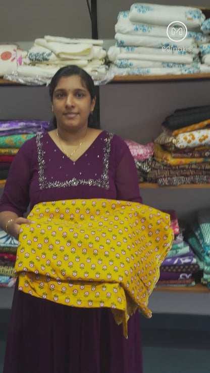 Yellow Cotton Fabric with Green & Dark Violet Print – Soft