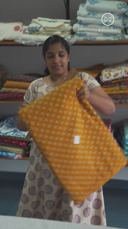 Yellow Ajrak Cotton Fabric with  – Coffee Brown, Green & Cream Mix