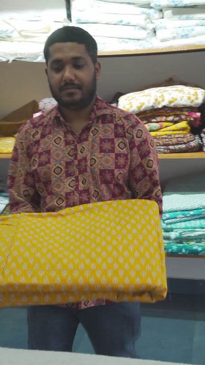 Dark Yellow Ajrakh Printed Cotton Fabric – Small Motifs | Lightweight & Easy to Sew